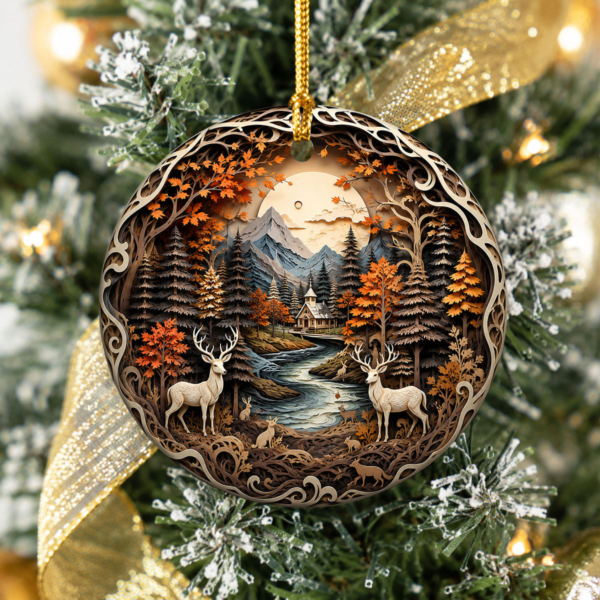 Deer Forest Christmas Ornament 2026, Woodland Christmas Decor, Rustic Cabin Ornament, Winter Deer Scene