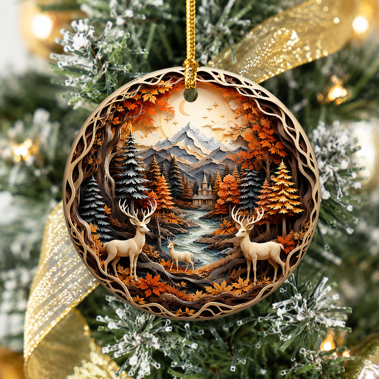 Christmas Deer Ornament 2026, Woodland Forest Christmas Tree Decor, Rustic Holiday Ornament, Winter Cabin Scene