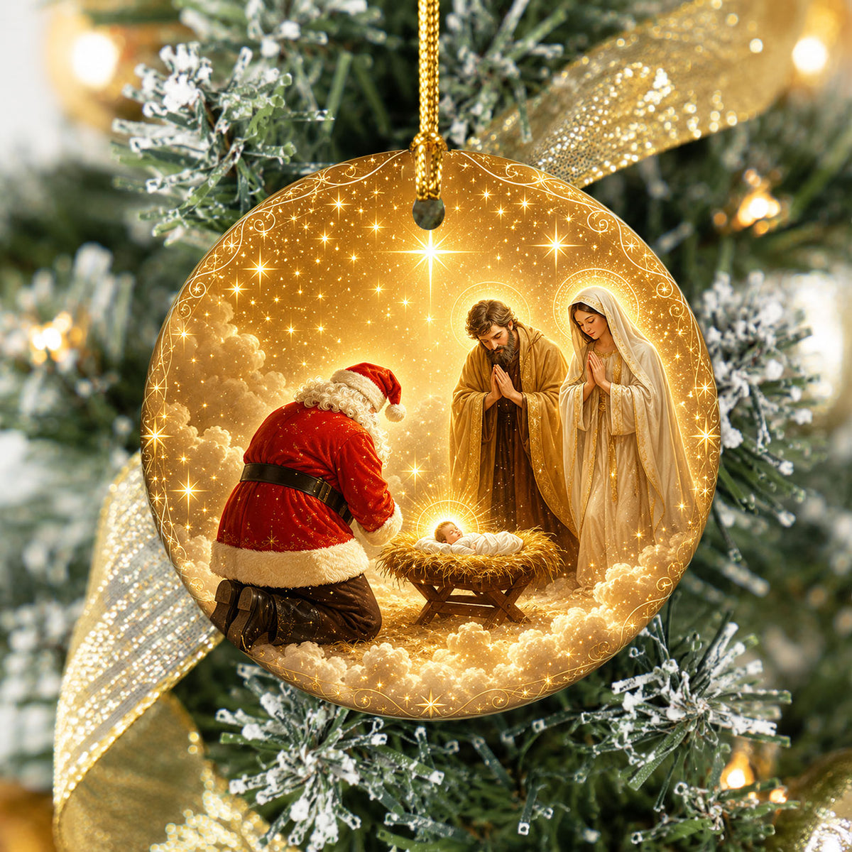 Religious Christmas Ornament 2026 with Santa and Nativity Scene, Baby Jesus Holy Family Christmas Tree Decoration