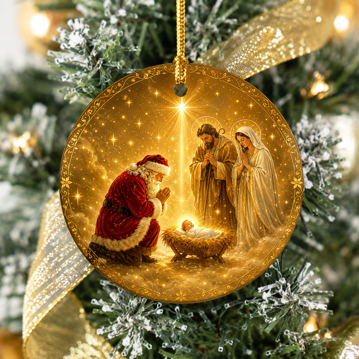 Christian Christmas Ornament 2026, Santa Kneeling Before Baby Jesus, Holy Family Tree Ornament, Religious Christmas Keepsake Gift