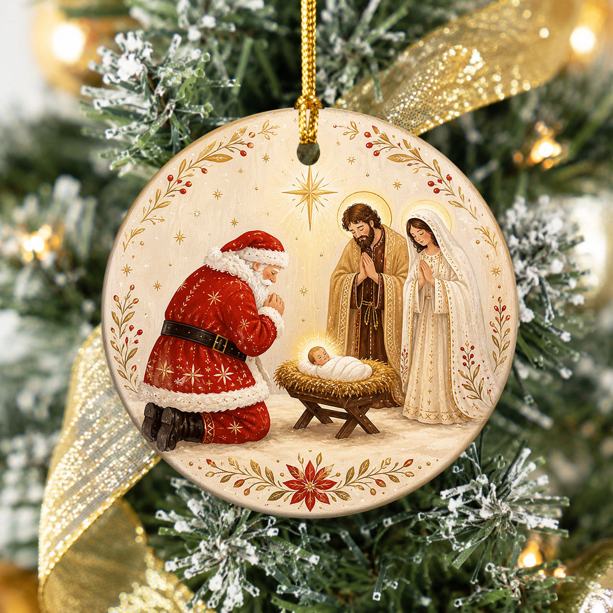 Nativity Christmas Ornament 2026, Santa and Baby Jesus Religious Ornament, Holy Family Christmas Tree Decor