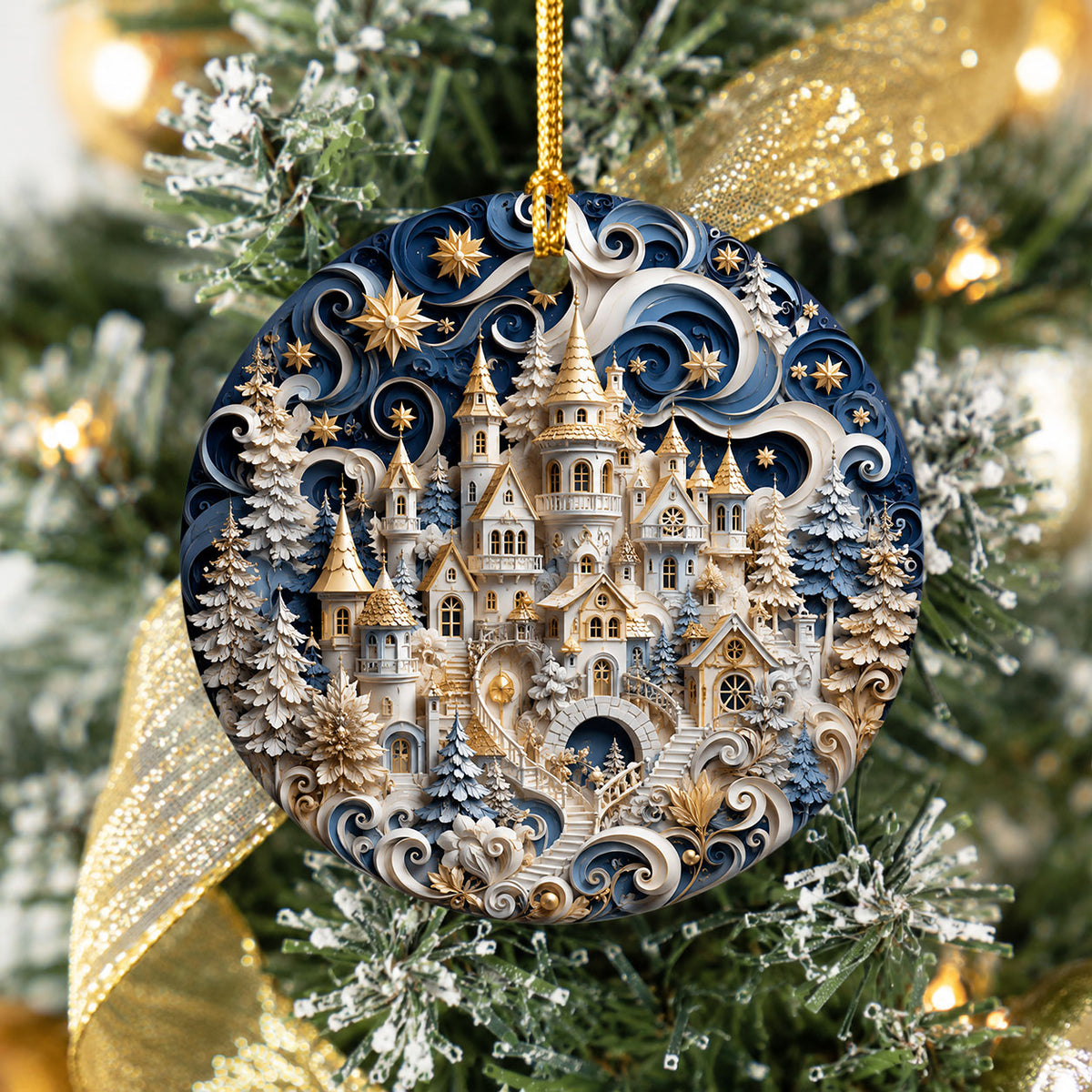 Blue Winter Christmas Ornament 2026, Snowy Castle Tree Ornament, Christmas Village Holiday Decoration