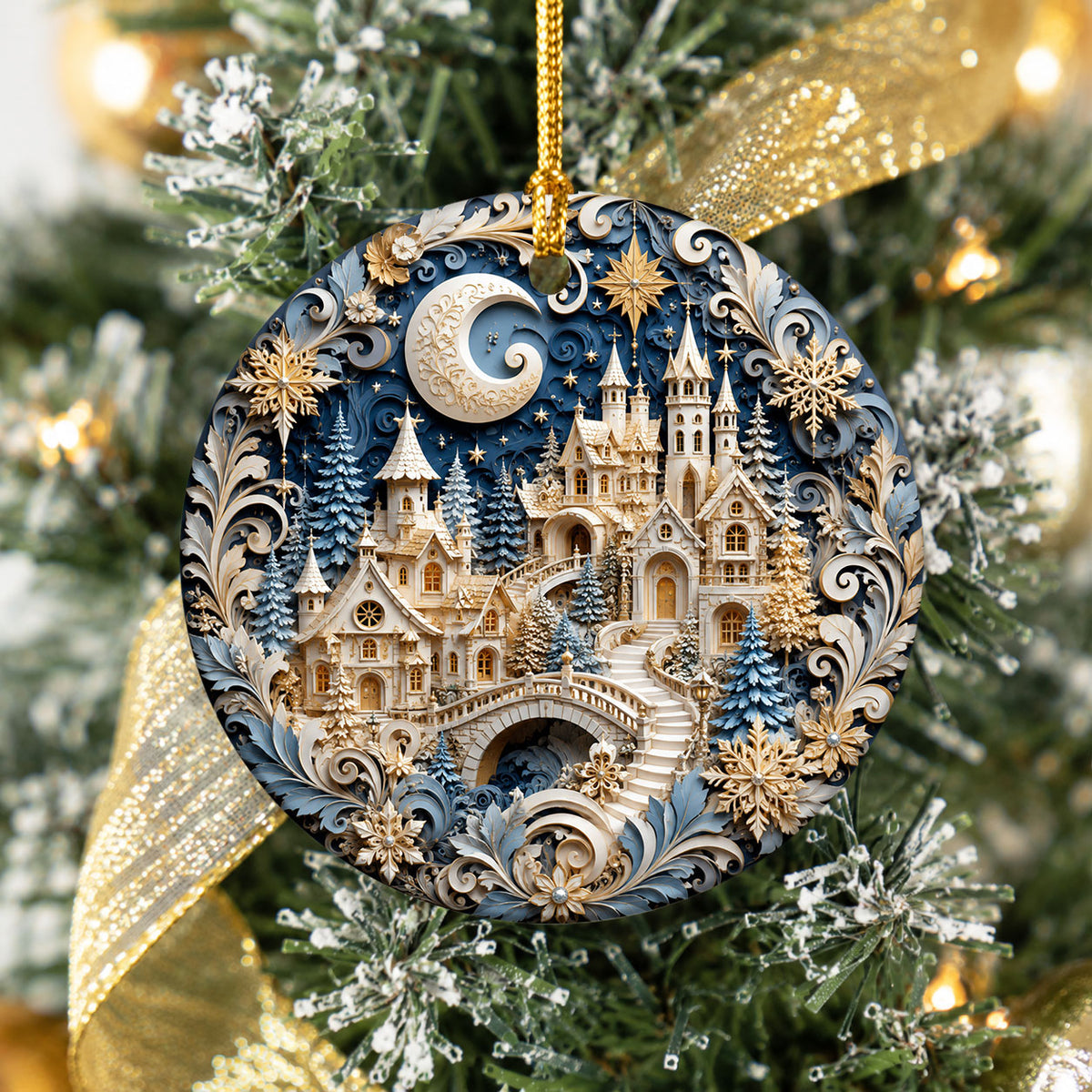 Snowy Christmas Village Ornament 2026, Blue Castle Christmas Tree Decor, Holiday Ornament Keepsake, Winter Christmas Gift for Loved Ones