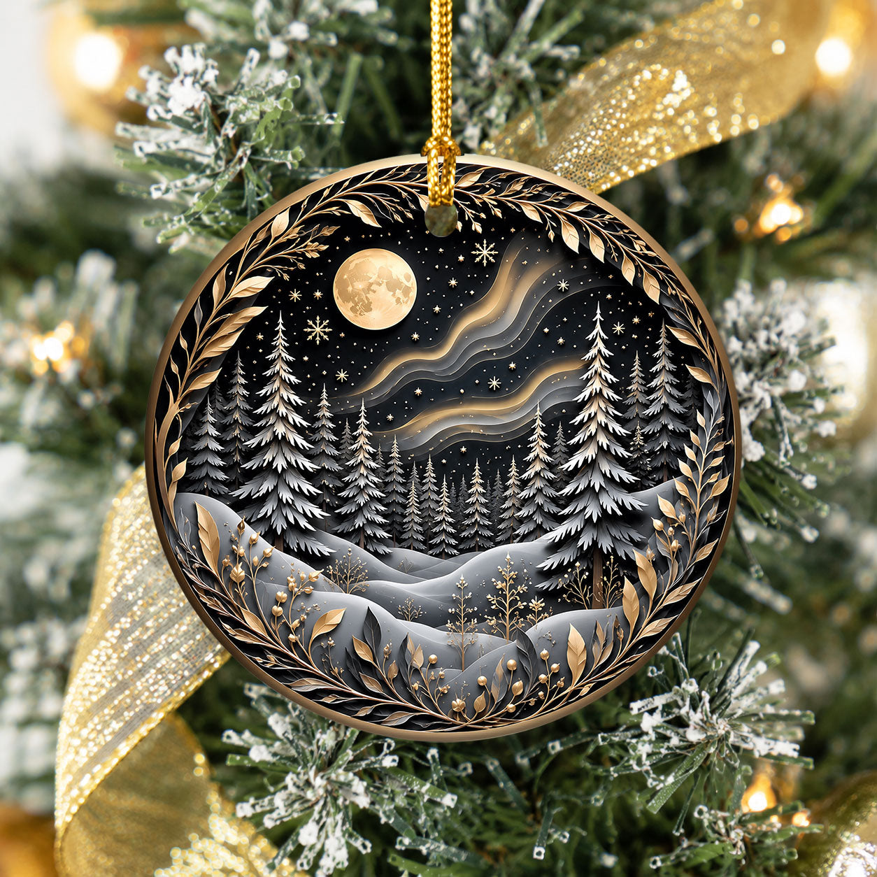 Christmas Tree Ornament 2026, Winter Forest Scence Ornament, Gold Black Christmas Decor, Holiday Keepsake Gift for Family and Friends