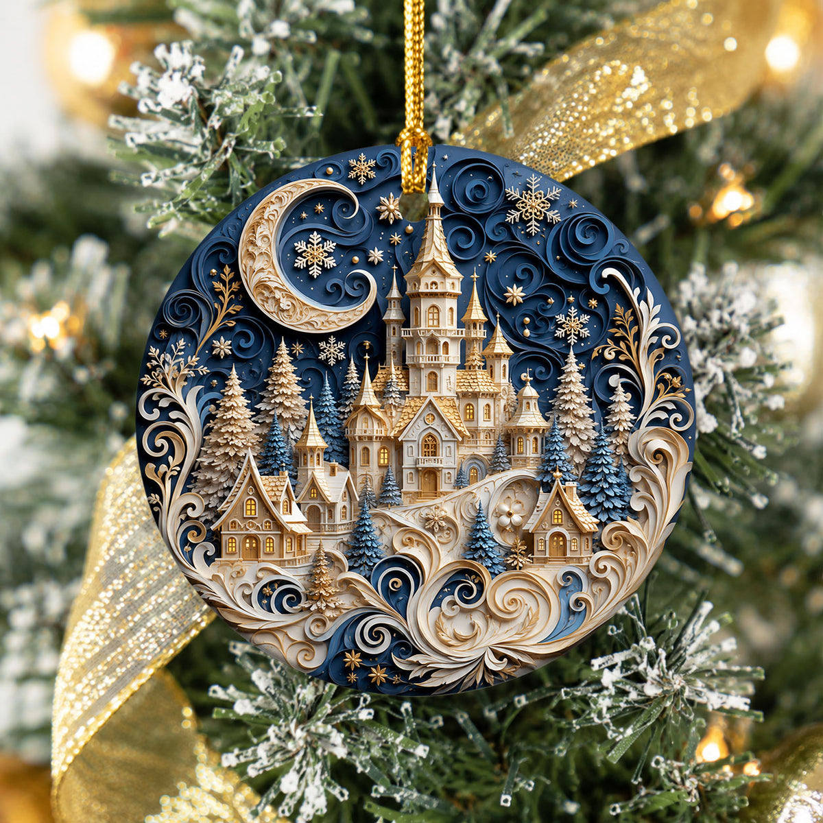 Blue Christmas Castle Ornament 2026, Winter Castle Christmas Ornament, Snowy Village Tree Decor, Holiday Keepsake Gift