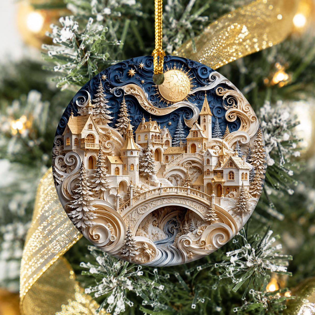 Winter Castle Christmas Ornament 2026, Blue and White Christmas Tree Ornament, Snowy Holiday Village Decor, Festive Keepsake Gift for Family