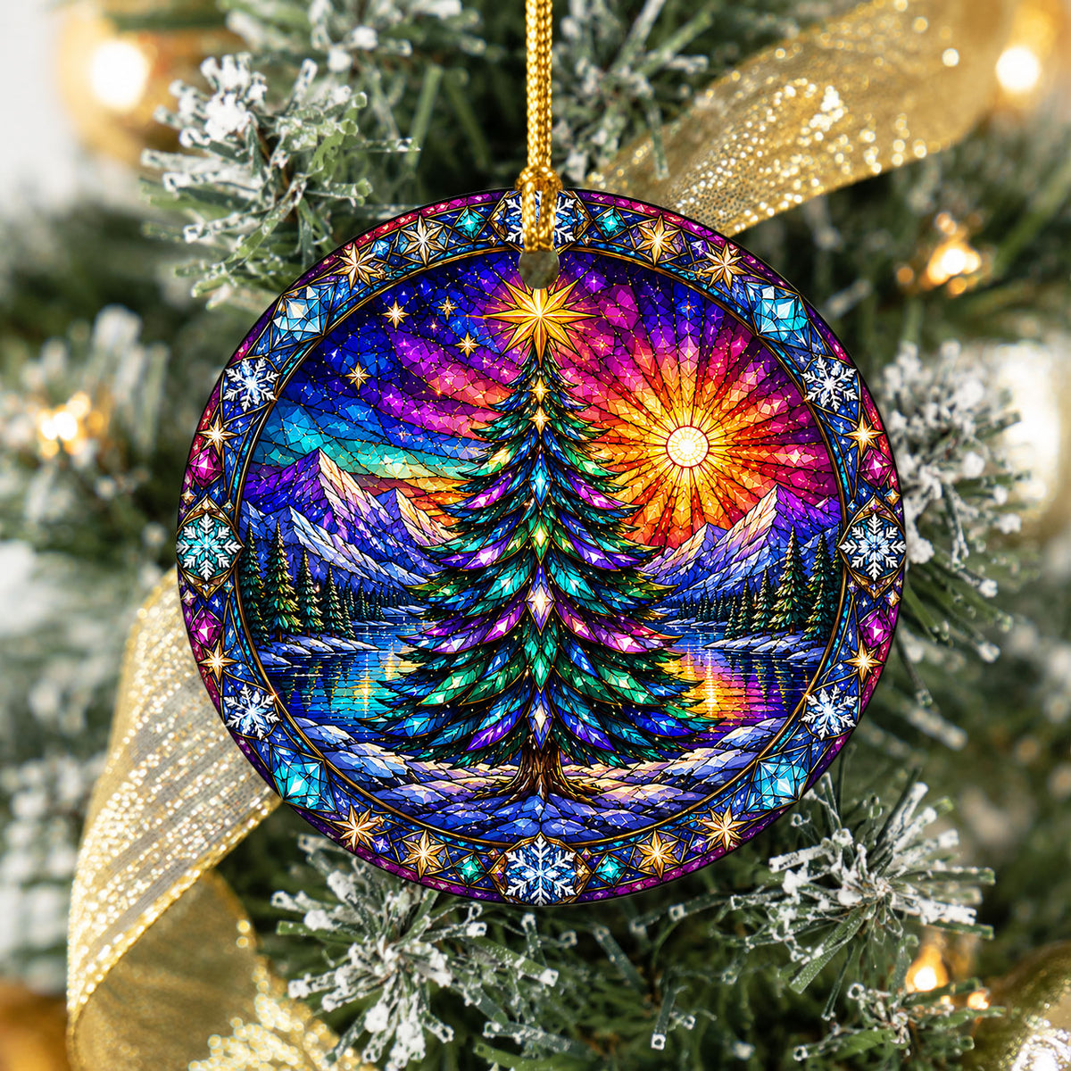 Colorful Stained Glass Christmas Tree Ornament 2026, Winter Mountain Lake Suncatcher Style, Holiday Decor