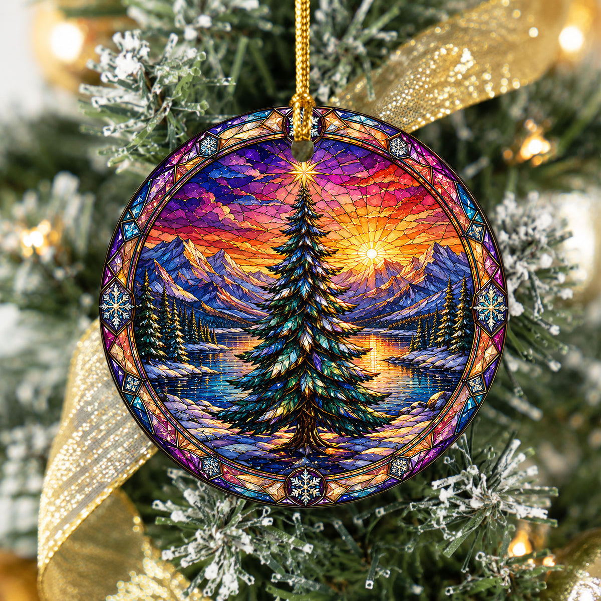 Colorful Christmas Tree Ornament 2026, Stained Glass Style Holiday Ornament, Winter Landscape Decor