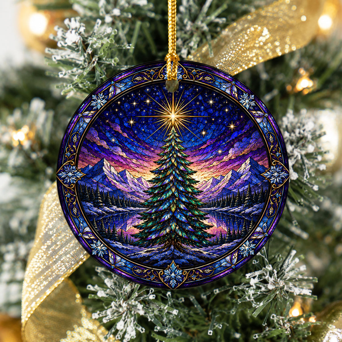Christmas Tree Suncatcher Style Ornament 2026, Colorful Winter Mountain Scene Decoration