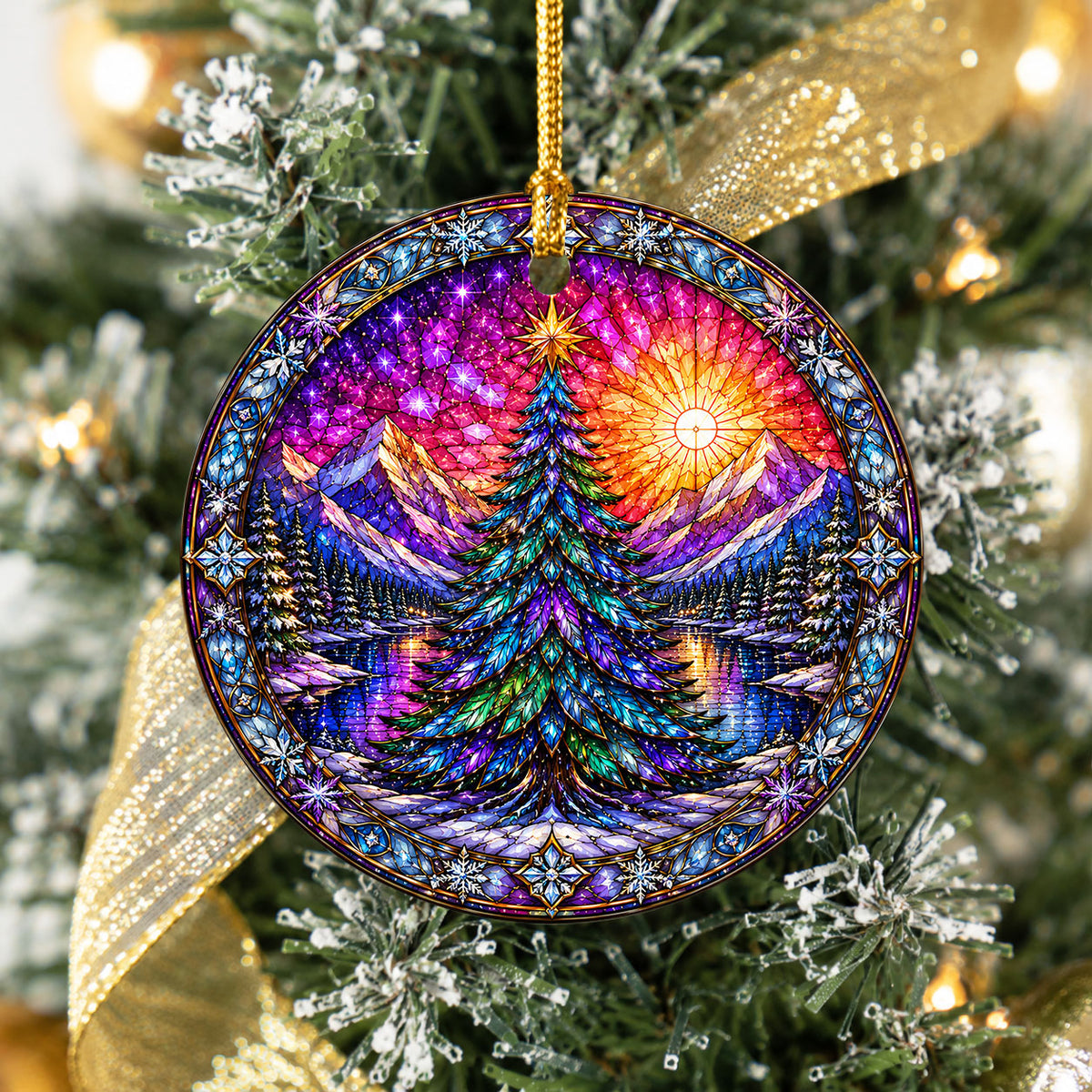 Stained Glass Style Christmas Ornament 2026, Colorful Evergreen Tree with Mountain Lake, Holiday Tree Decoration
