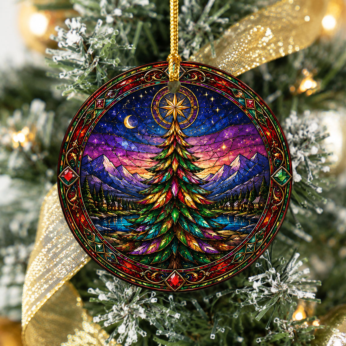 Christmas Tree Holiday Ornament 2026, Colorful Stained Glass Inspired Winter Scene, Festive Christmas Decoration