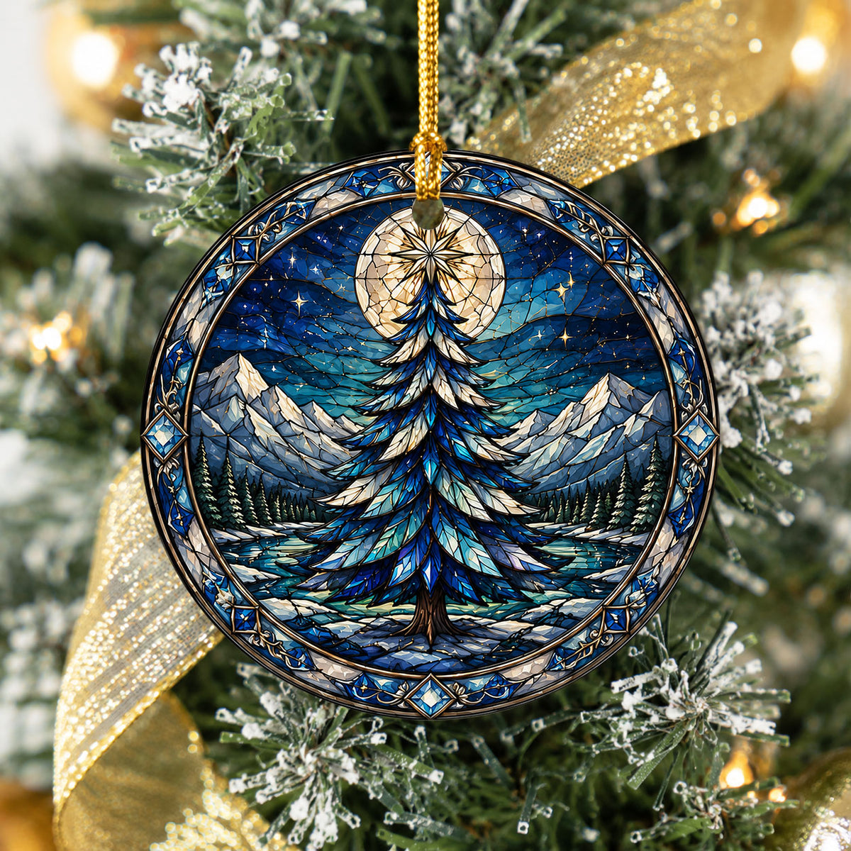 Winter Christmas Tree Ornament 2026, Colorful Mountain Landscape Holiday Decor, Stained Glass Inspired Christmas Gift