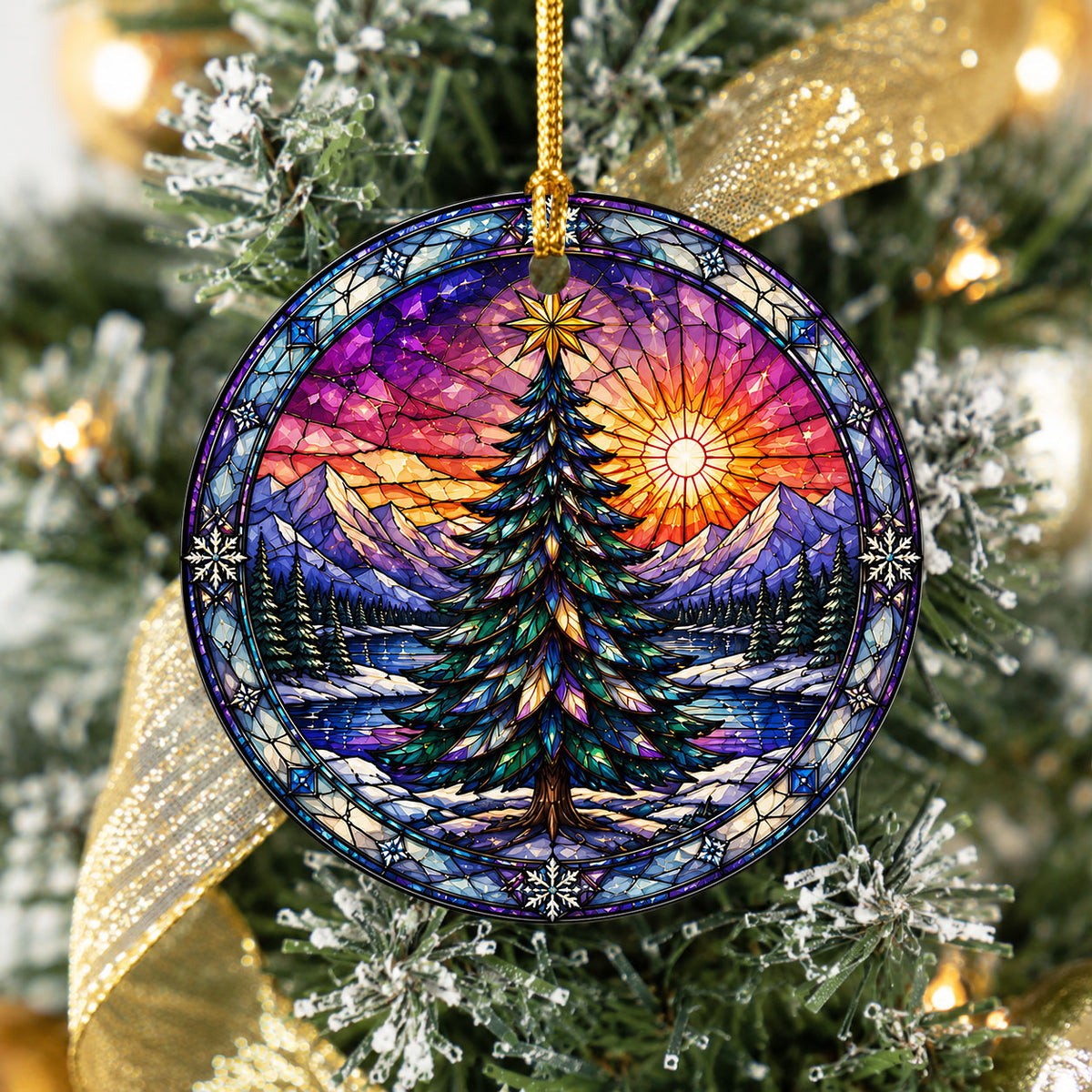 Christmas Ornament 2026 with Colorful Christmas Tree, Winter Lake Landscape Decoration, Holiday Tree Keepsake