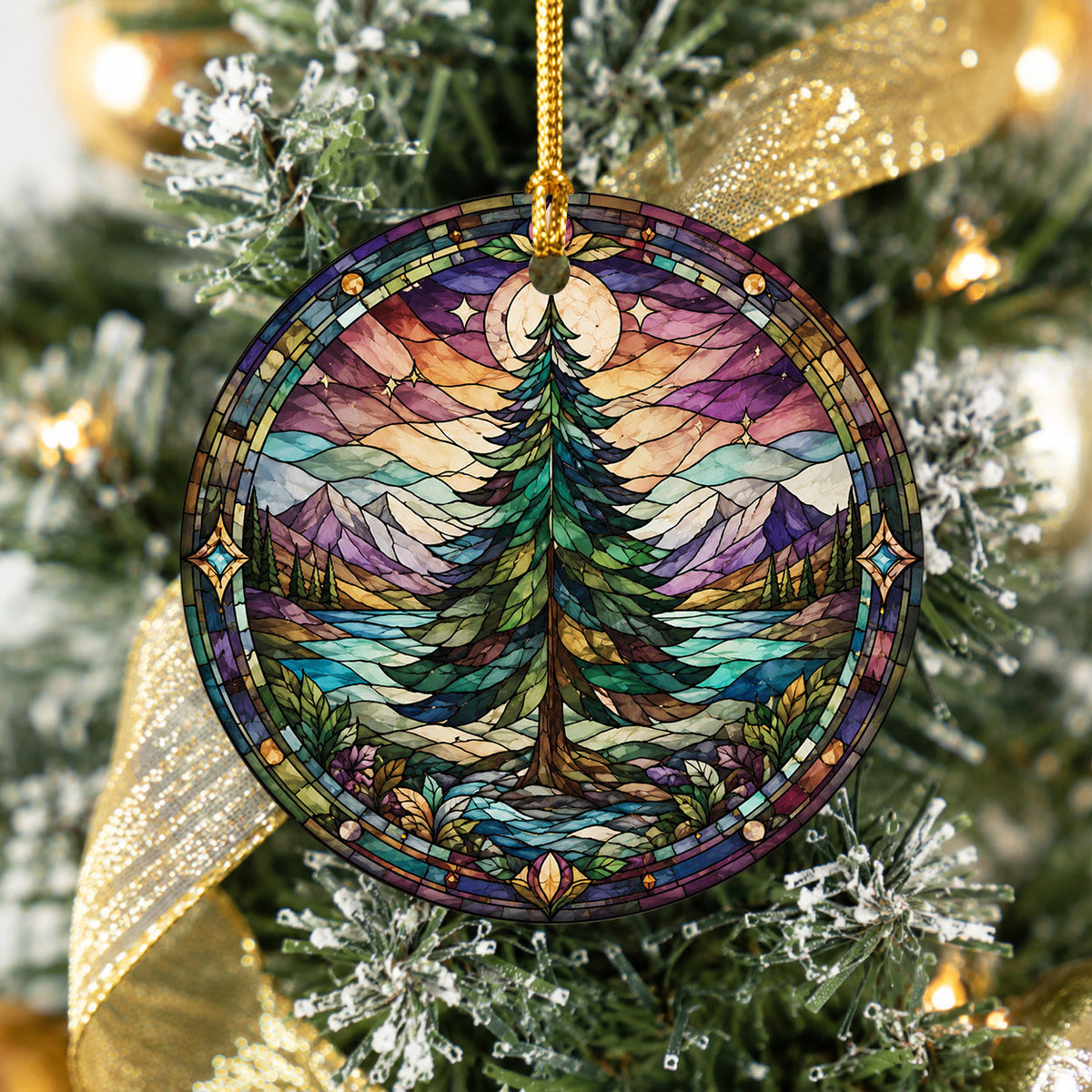 Vintage Christmas Tree Ornament 2026, Holiday Winter Landscape Decor, Stained Glass Inspired Christmas Keepsake