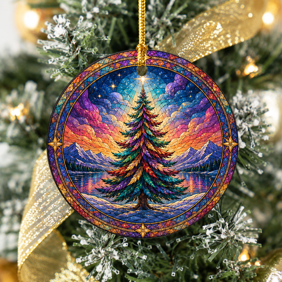 Colorful Stained Glass Style Christmas Tree Ornament 2026, Winter Mountain Lake Suncatcher Style