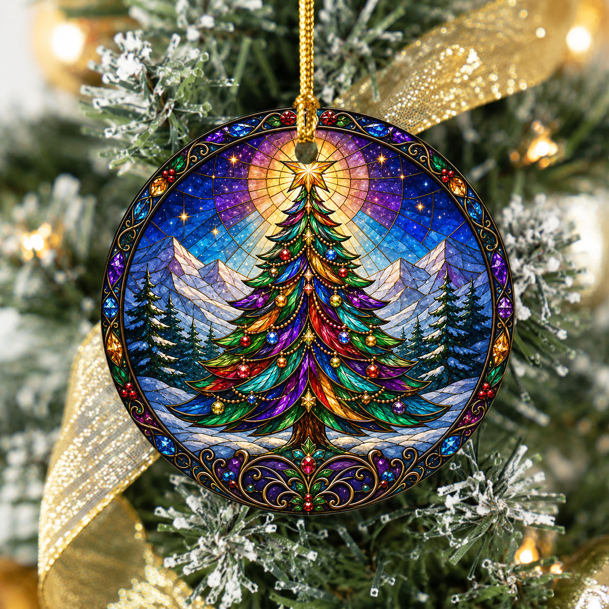 Colorful Stained Glass Christmas Tree Ornament 2026, Rainbow Evergreen Winter Mountain Scene, Holiday Tree Decoration