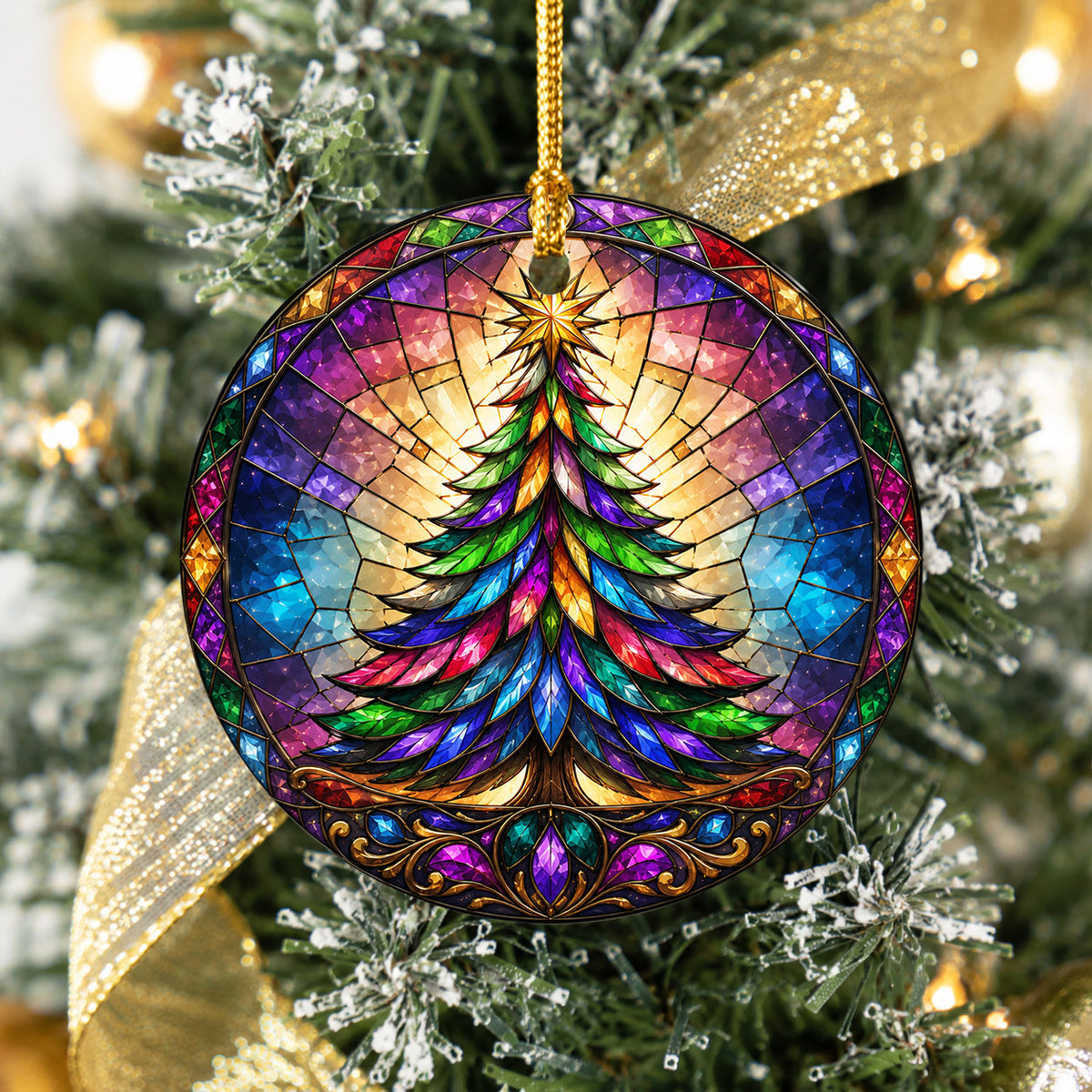 Rainbow Christmas Tree Ornament 2026, Colorful Stained Glass Holiday Decoration, Winter Landscape Christmas Gift