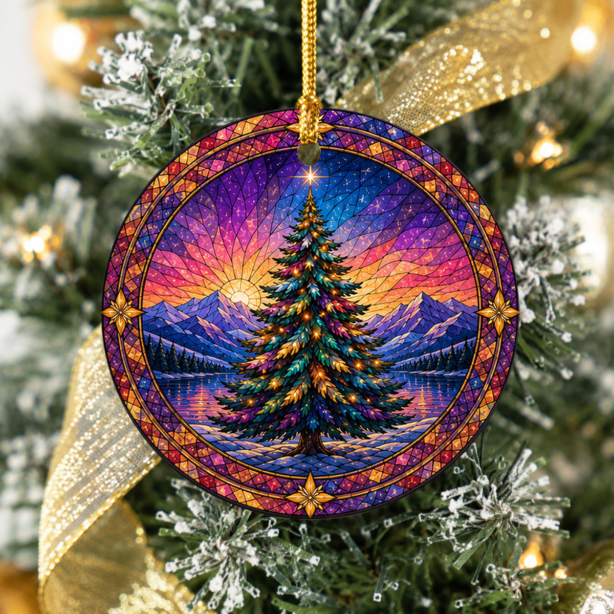 Colorful Christmas Ornament 2026, Rainbow Evergreen Tree with Winter Mountain Scene, Holiday Tree Decor