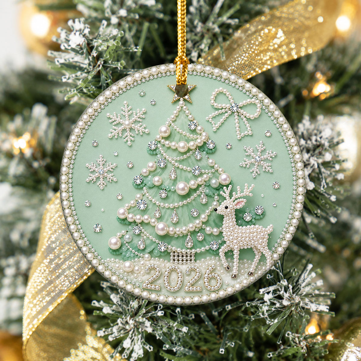 Pearl 2D Design Christmas Tree Ornament 2026, Elegant Deer and Snowflake Holiday Decoration, Christmas Keepsake Gift for Family and Friends