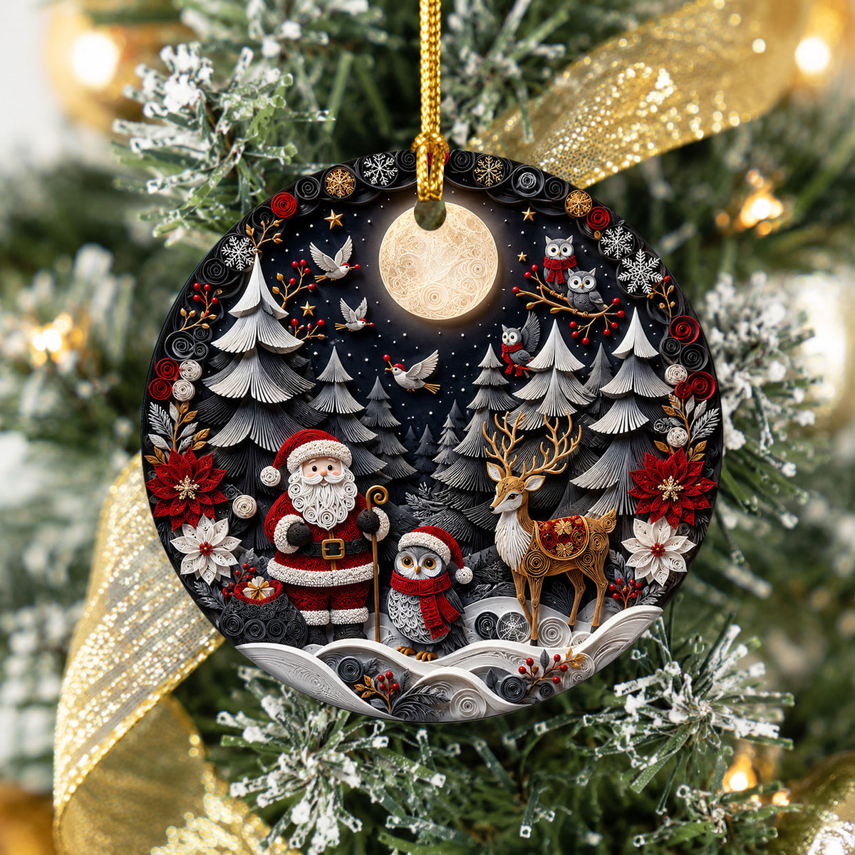 Santa Woodland Christmas Ornament 2026, Owl Deer Robin Winter Forest Cabin Christmas Tree Decoration, Holiday Keepsake Gift for Family