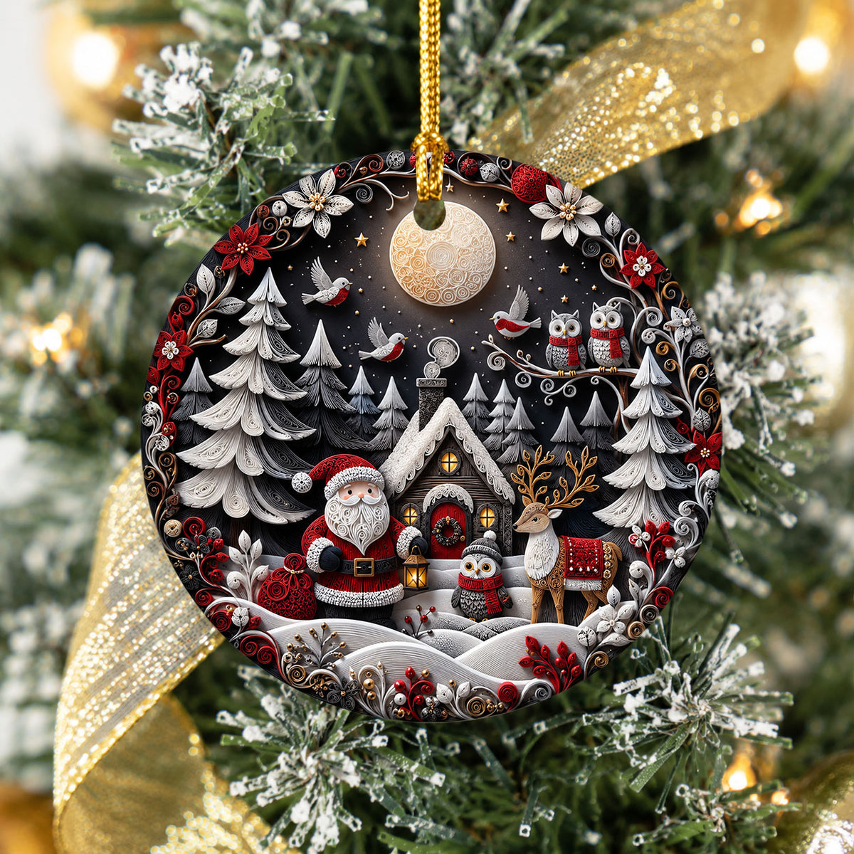 Holiday Christmas Ornament 2026, Santa Owl Deer Robin Forest Cabin Winter Scene, Christmas Tree Decoration, Festive Keepsake Gift
