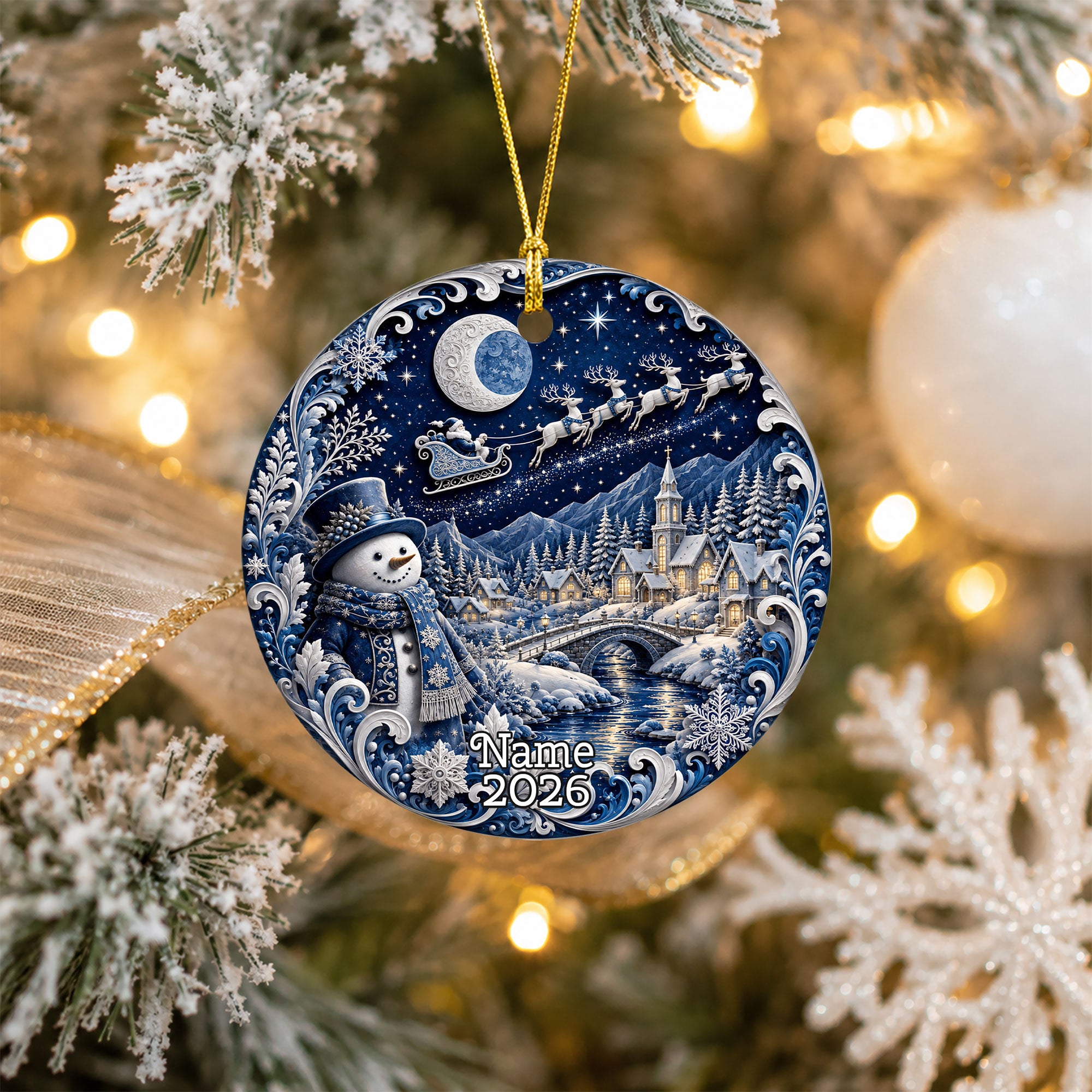 Blue Christmas Village Ornament 2026, Snowman Holiday Ornament, Ceramic Christmas Decoration