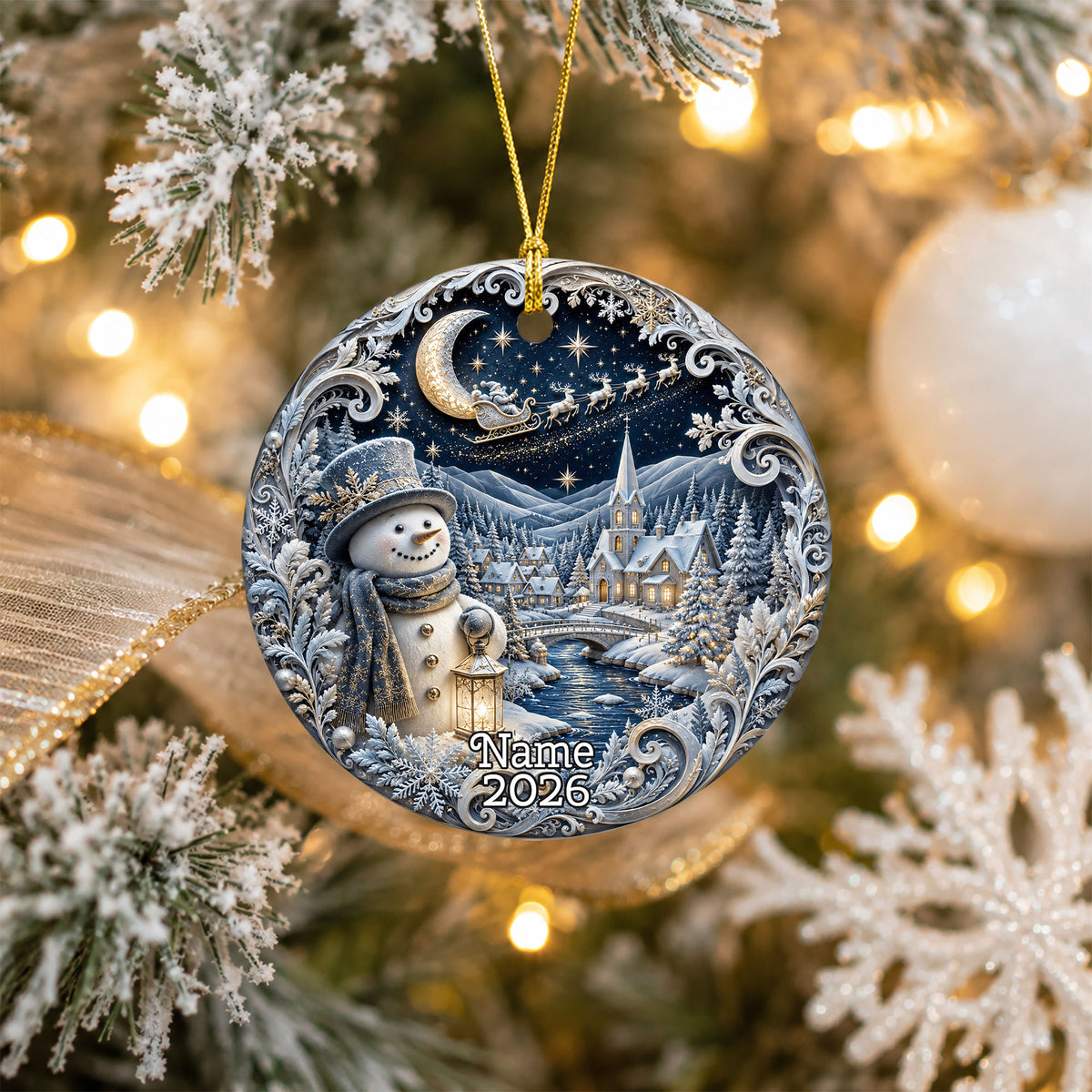 Blue Christmas Village Ornament 2026, Snowman Holiday Ornament, Ceramic Christmas Decoration, Winter Home Decor