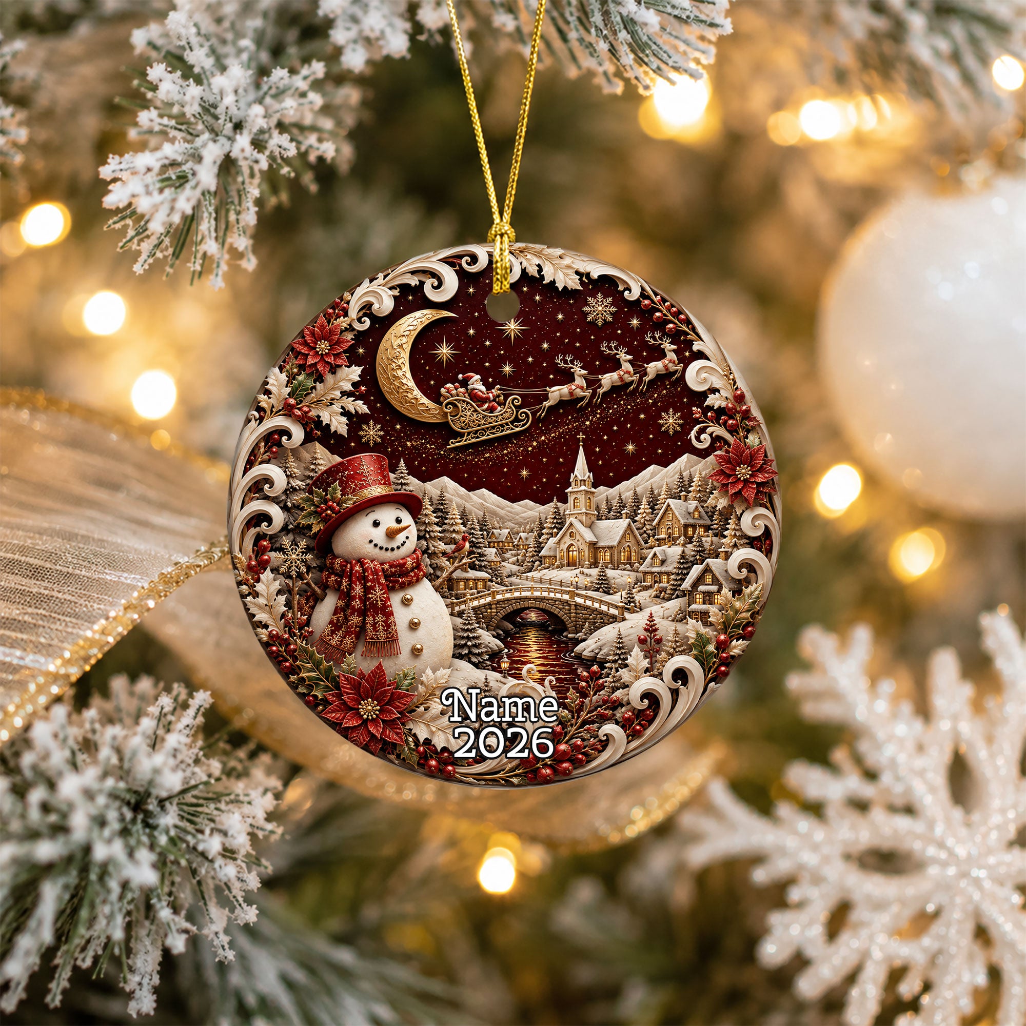 Red Snowman Christmas Ornament 2026, Winter Village Tree Ornament, Ceramic Holiday Decoration