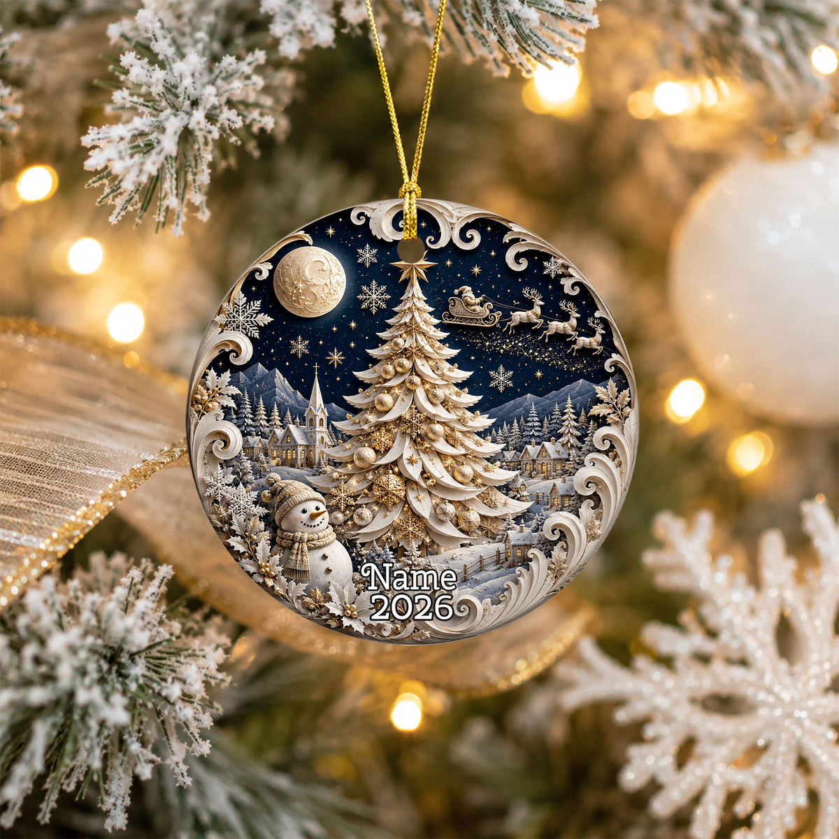 Christmas Ornament 2026 Blue Winter Village with Snowman, Ceramic Tree Ornament, Holiday Decoration