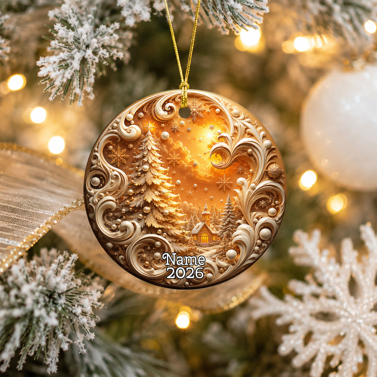 Golden Christmas Tree Ornament 2026, Cozy Winter Village Ornament, Christmas Tree Keepsake, Holiday Gift, Festive Seasonal Home Decoration