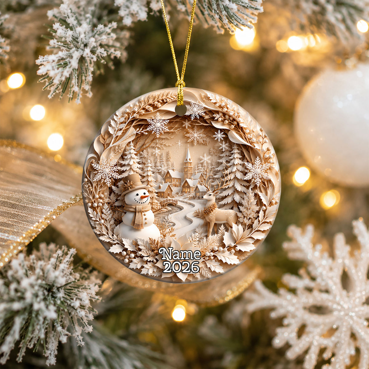 2026 Christmas Ornament with Snowman Deer, Winter Village Christmas Tree Ornament, Ceramic Holiday Decoration