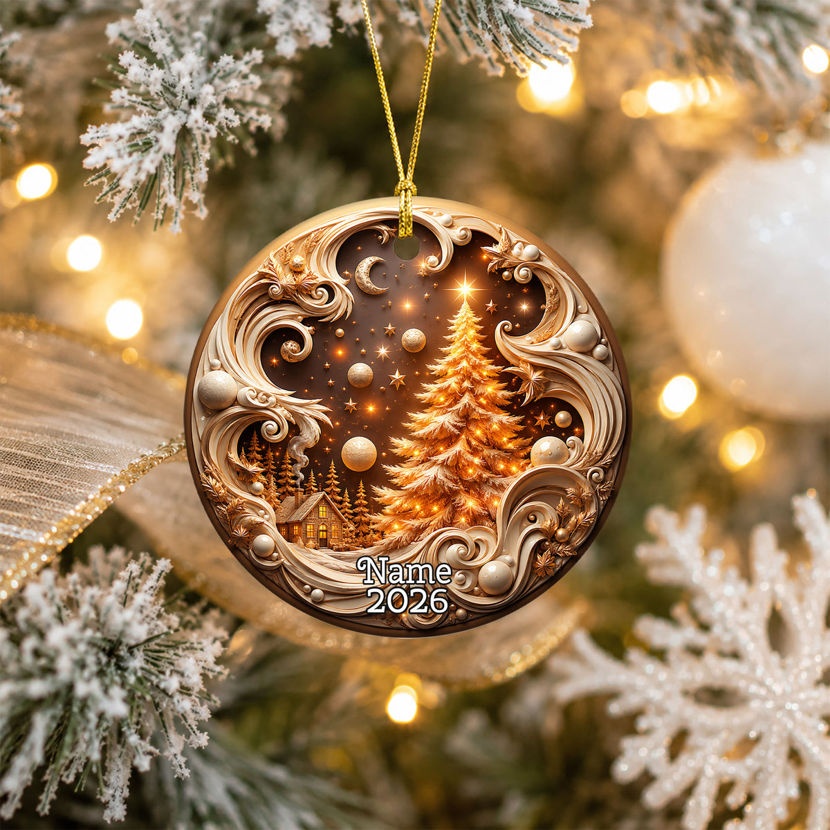2026 Golden Christmas Tree Ornament, Winter Village Christmas Ornament, Elegant Holiday Tree Decoration