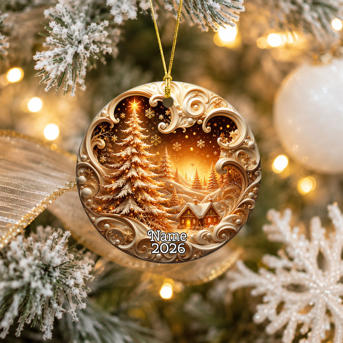 Christmas Ornament 2026, Custom Name Christmas Tree Church Winter Night Ornament, Snowflake Holiday Keepsake