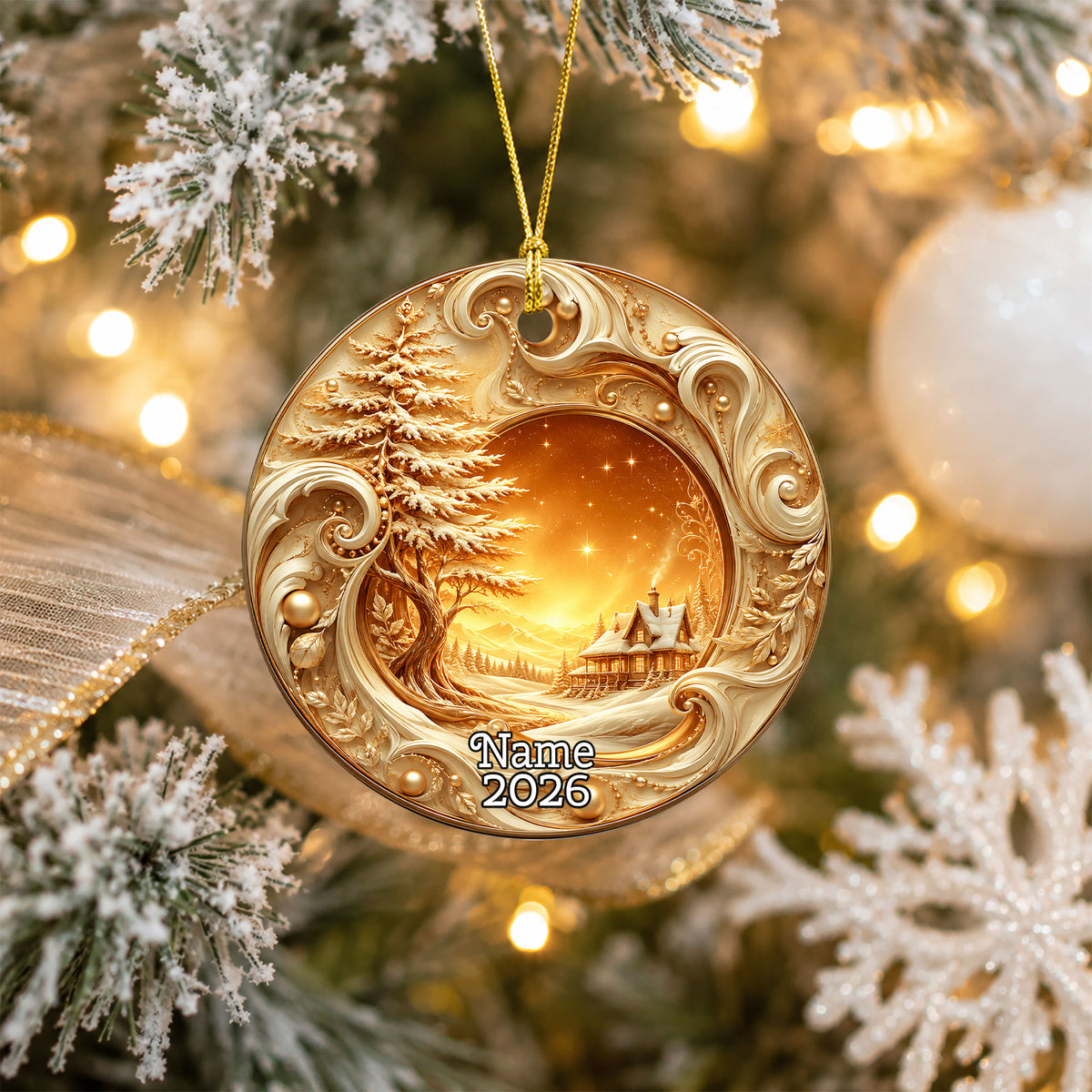 Golden Christmas Tree Ornament 2026, Tree of Life Ceramic Ornament, Winter Landscape Holiday Decoration, Christmas Gift Keepsake