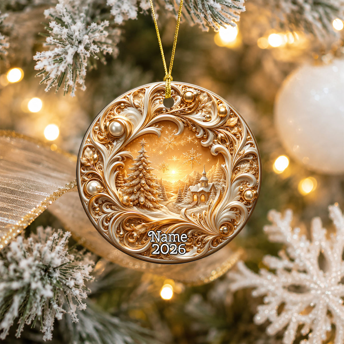 Gold Christmas Tree Ornament 2026, Christmas Tree Ceramic Ornament, Holiday Christmas Decoration, Christmas Keepsake Gift for Family and Friends