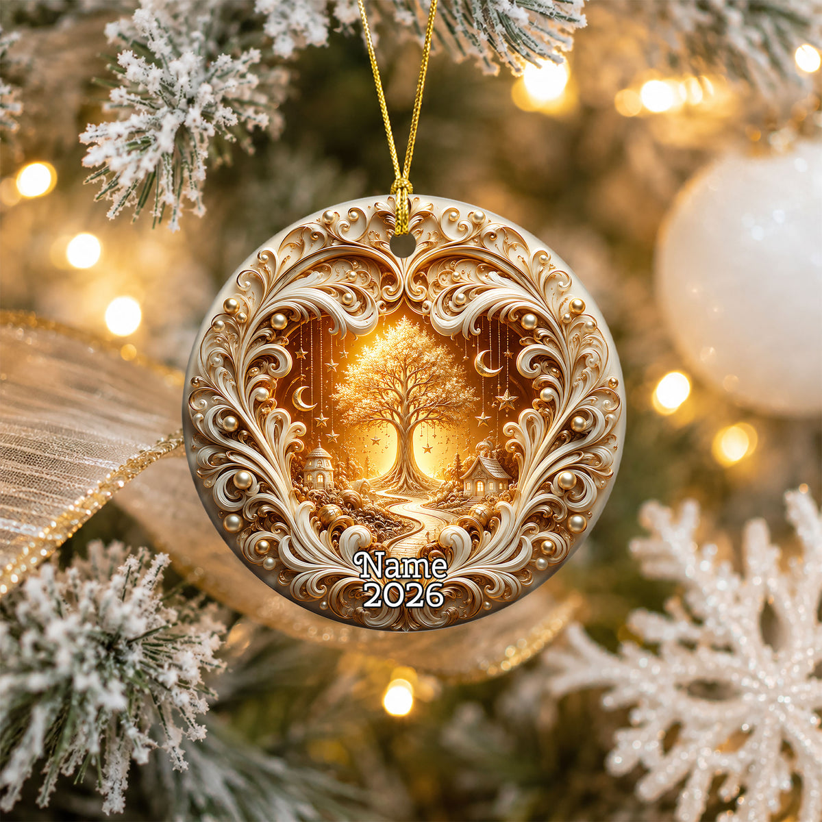 Tree of Life Christmas Ornament 2026, Golden Ceramic Christmas Ornament, Winter Holiday Decoration, Christmas Gift for Friends and Family