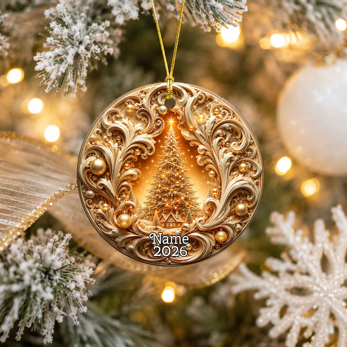 Christmas Tree Ornament 2026, Gold Ceramic Christmas Ornament, Holiday Decoration, Christmas Tree Decor