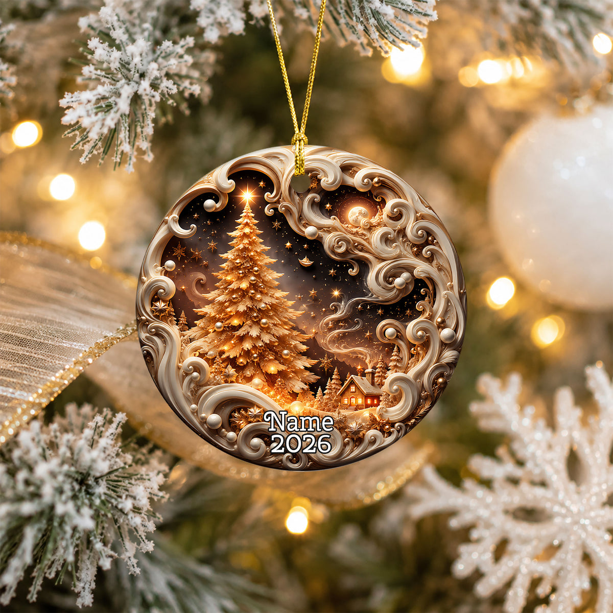 Elegant Christmas Tree Ornament 2026, Golden Winter Landscape Ornament, Holiday Keepsake Decoration