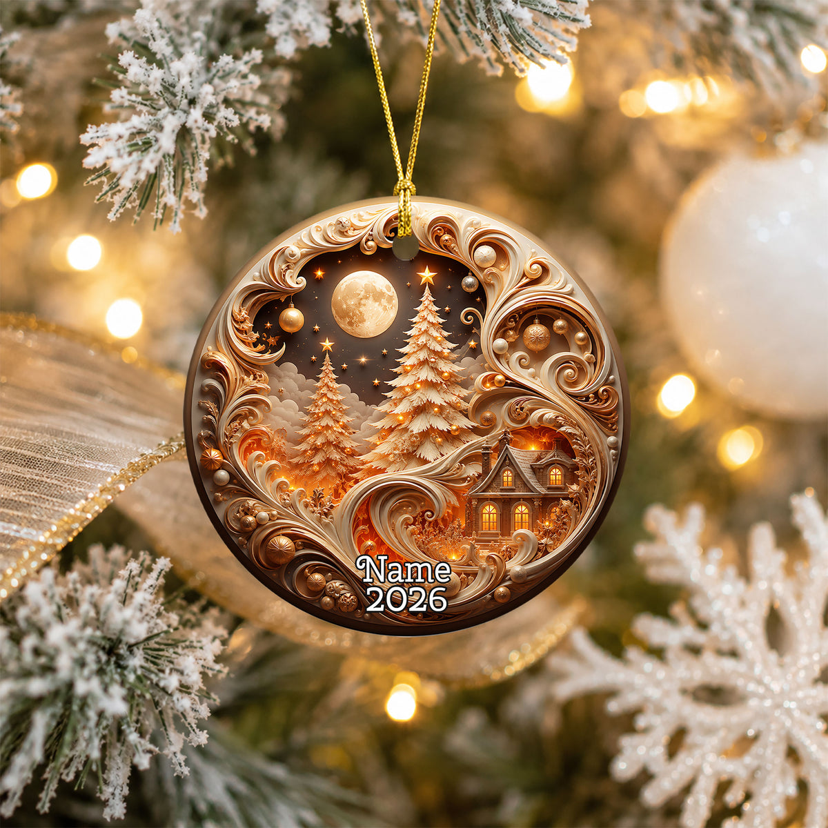 Elegant Christmas Tree Ornament 2026, Gold Holiday Ceramic Ornament, Christmas Decoration, Winter Home Decor, Christmas Gift Idea