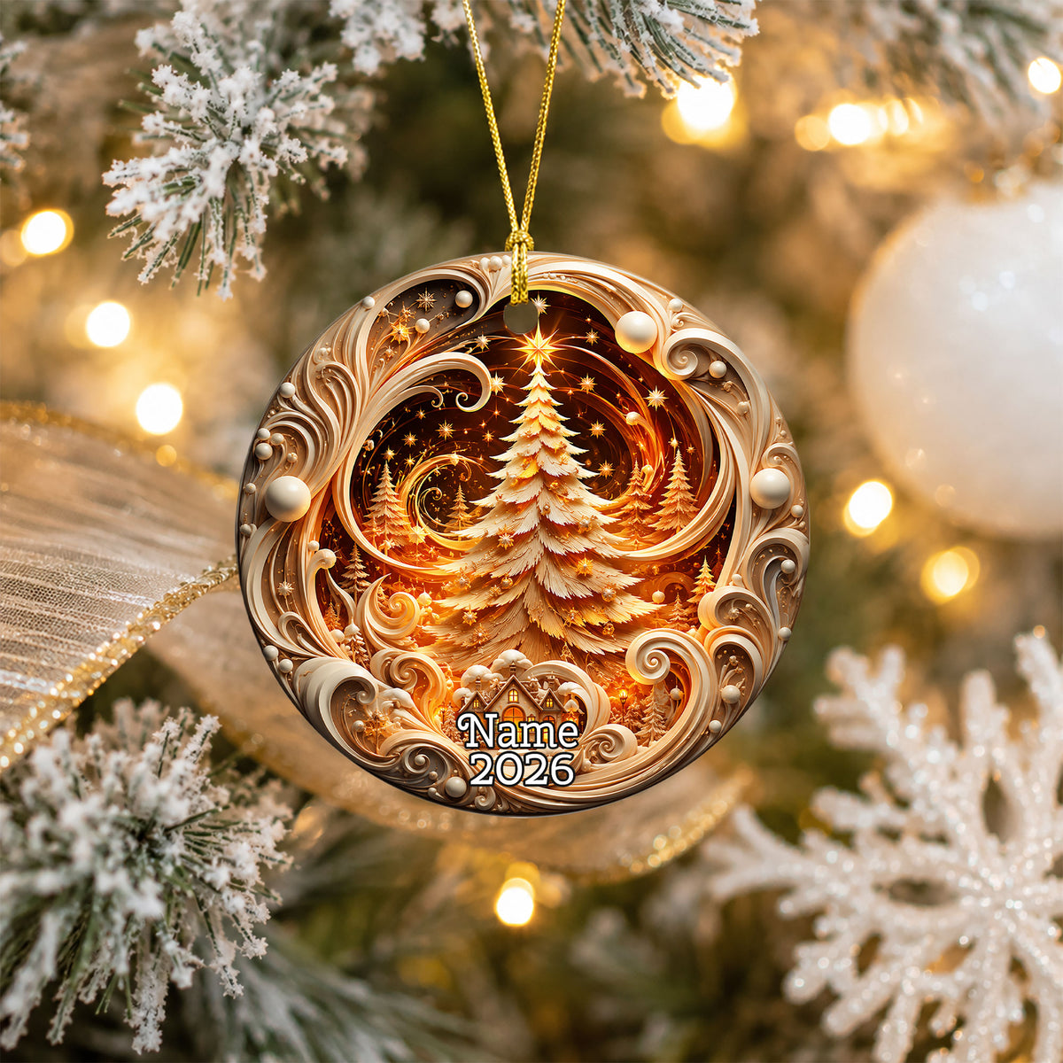 Ceramic Christmas Tree Ornament 2026, Gold Christmas Decoration, Holiday Keepsake Ornament, Christmas Gift for Home and Family