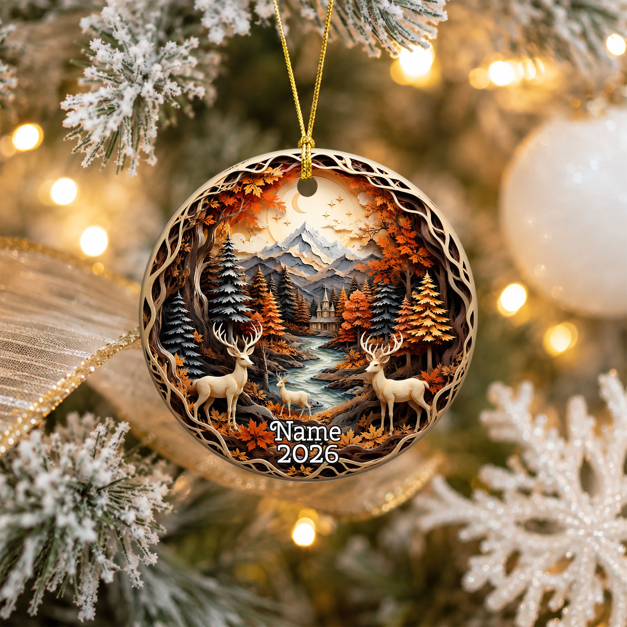 Christmas Deer Ornament 2026, Woodland Forest Christmas Tree Decor, Rustic Holiday Ornament, Winter Cabin Scene