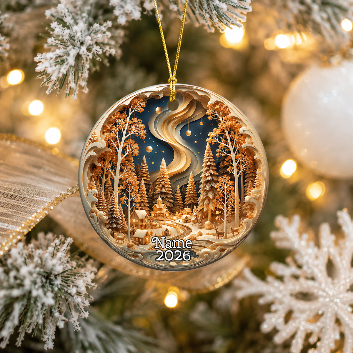 Christmas Ornament 2026, Winter Village Landscape, Snowy Christmas Tree Decoration, Holiday Keepsake Ornament