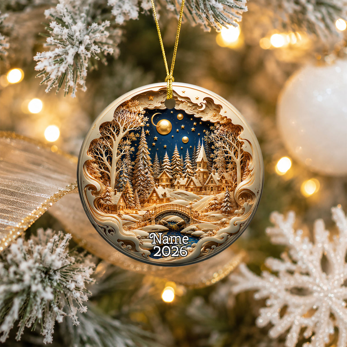 Christmas Village Decor Ornament 2026, Snowy Winter Christmas Scene, Holiday Tree Decoration, Keepsake Ornament
