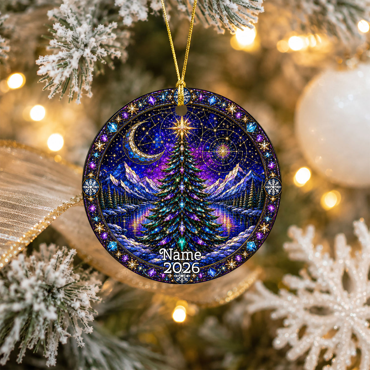Winter Christmas Tree Ornament 2026, Aurora Sky Christmas Decor, Holiday Ornament, Snowy Mountain Landscape