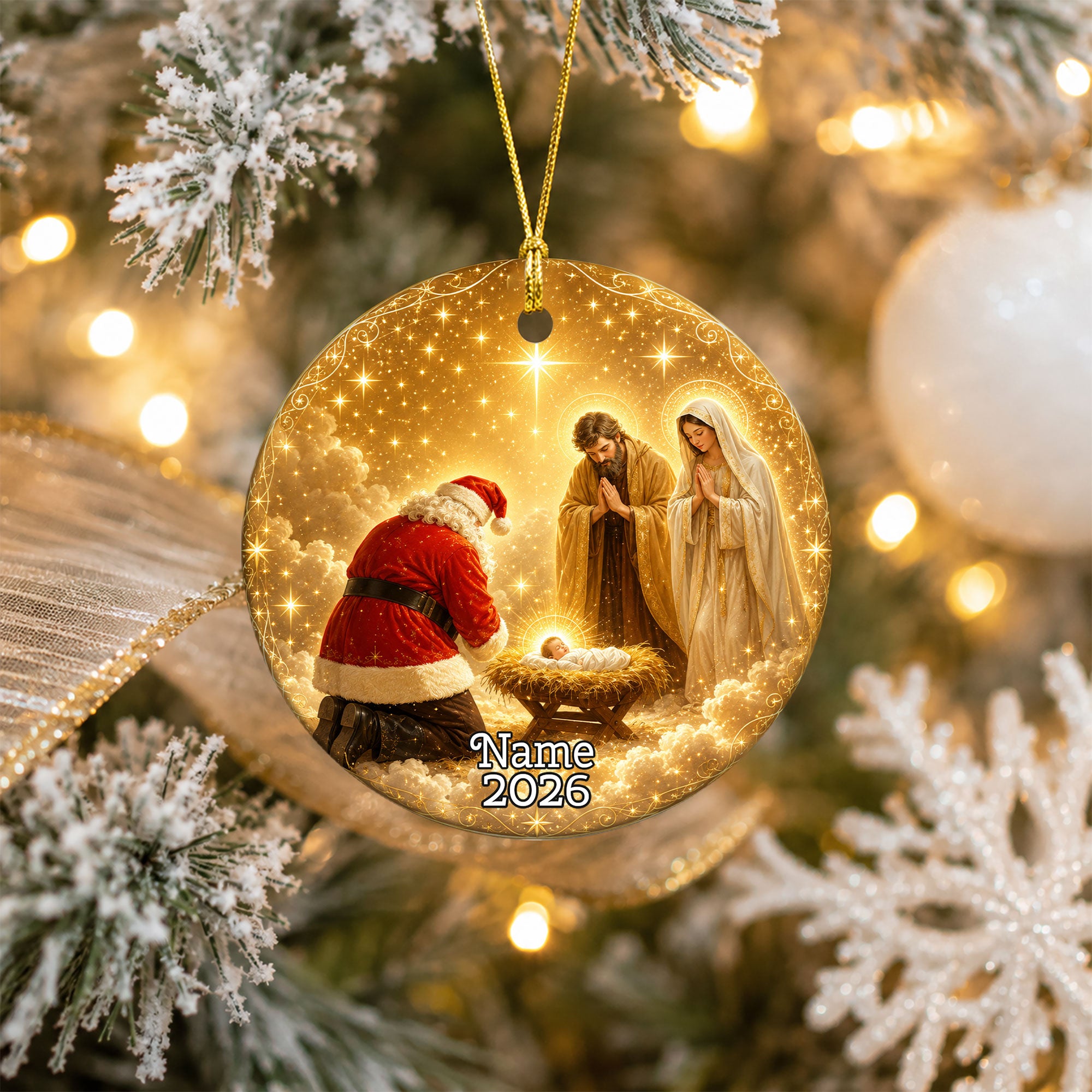 Religious Christmas Ornament 2026 with Santa and Nativity Scene, Baby Jesus Holy Family Christmas Tree Decoration