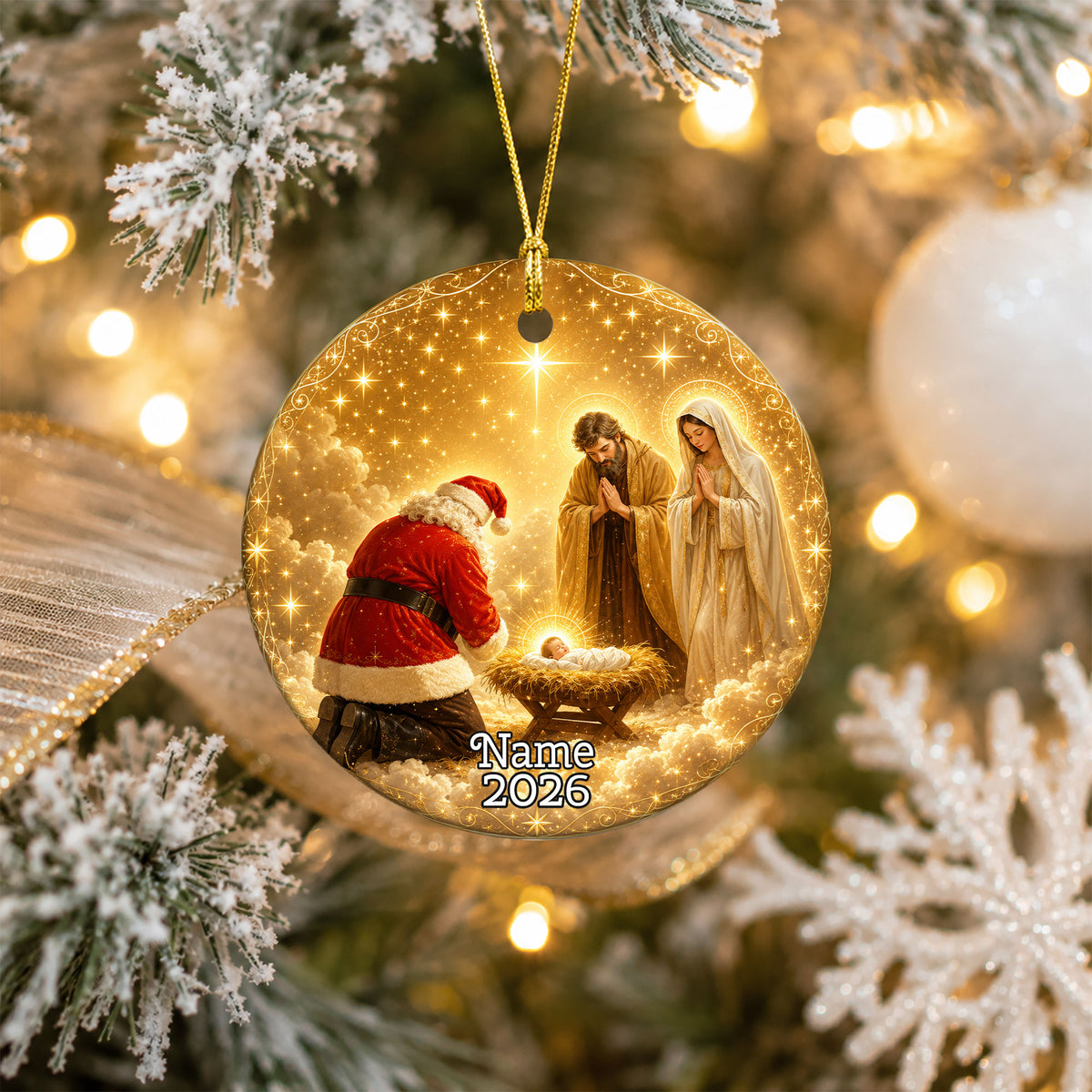Religious Christmas Ornament 2026 with Santa and Nativity Scene, Baby Jesus Holy Family Christmas Tree Decoration