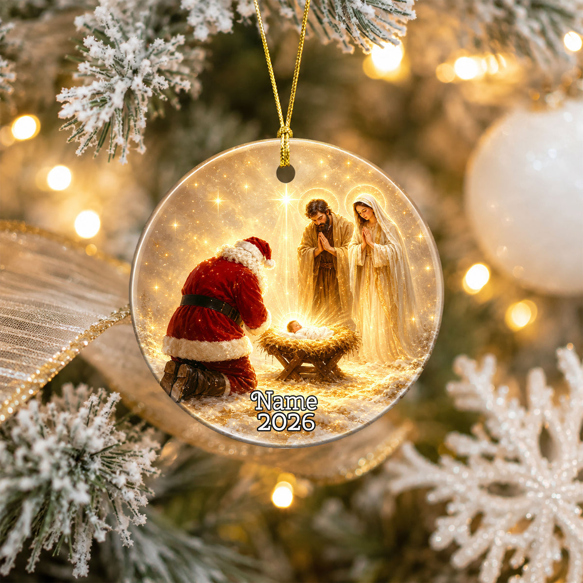 Religious Christmas Ornament 2026 with Santa and Nativity Scene, Baby Jesus Holy Family Christmas Tree Decoration, Christian Gift