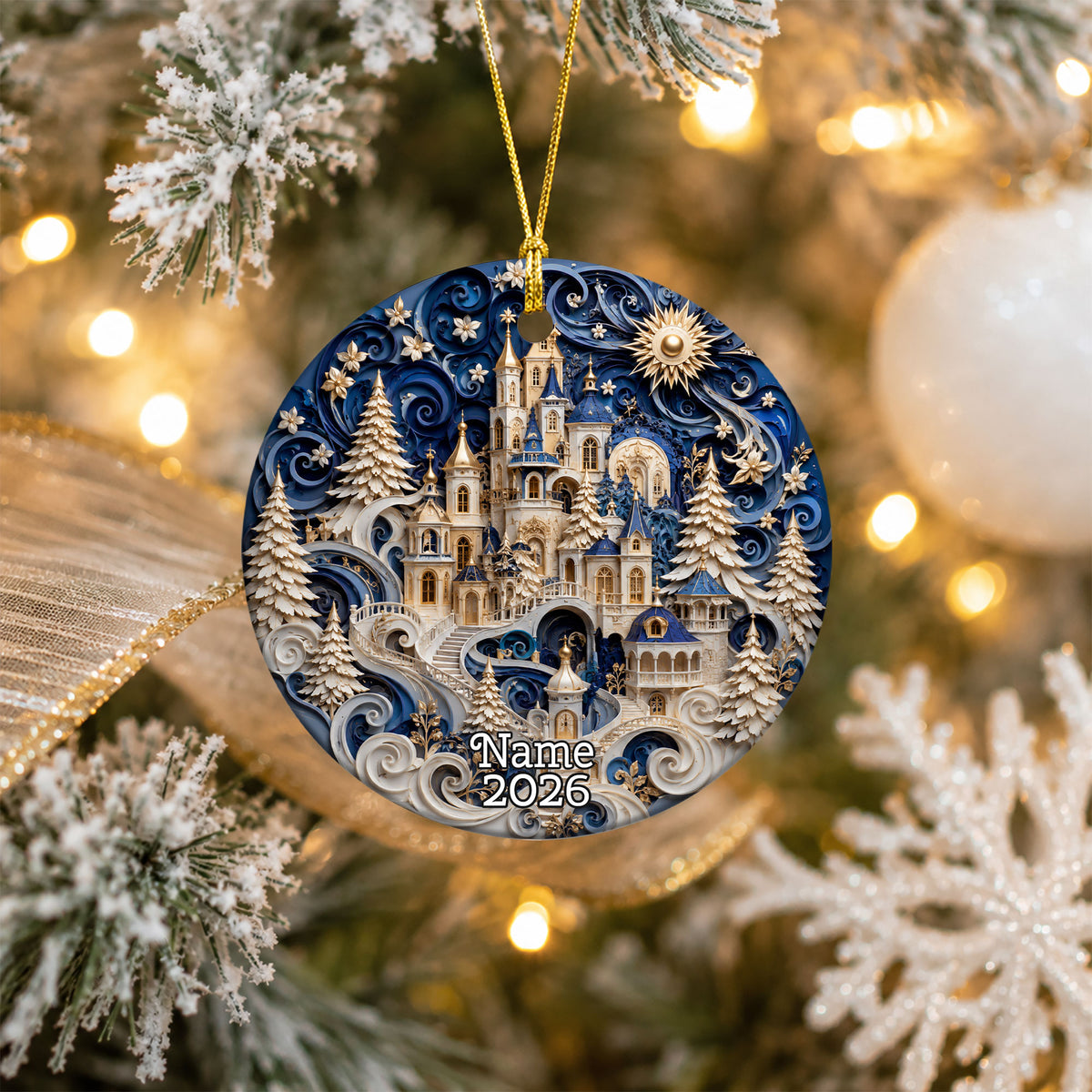 Christmas Castle Ornament 2026, Snowy Winter Village Decoration, Blue Holiday Tree Ornament, Christmas Keepsake Gift, Festive Home Decor
