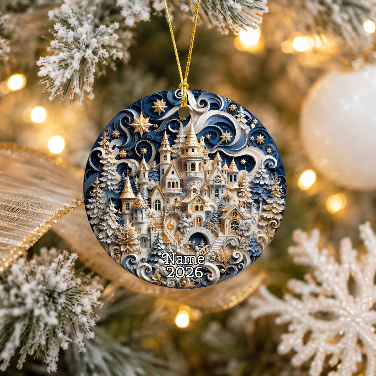 Blue Winter Christmas Ornament 2026, Snowy Castle Tree Ornament, Christmas Village Holiday Decoration