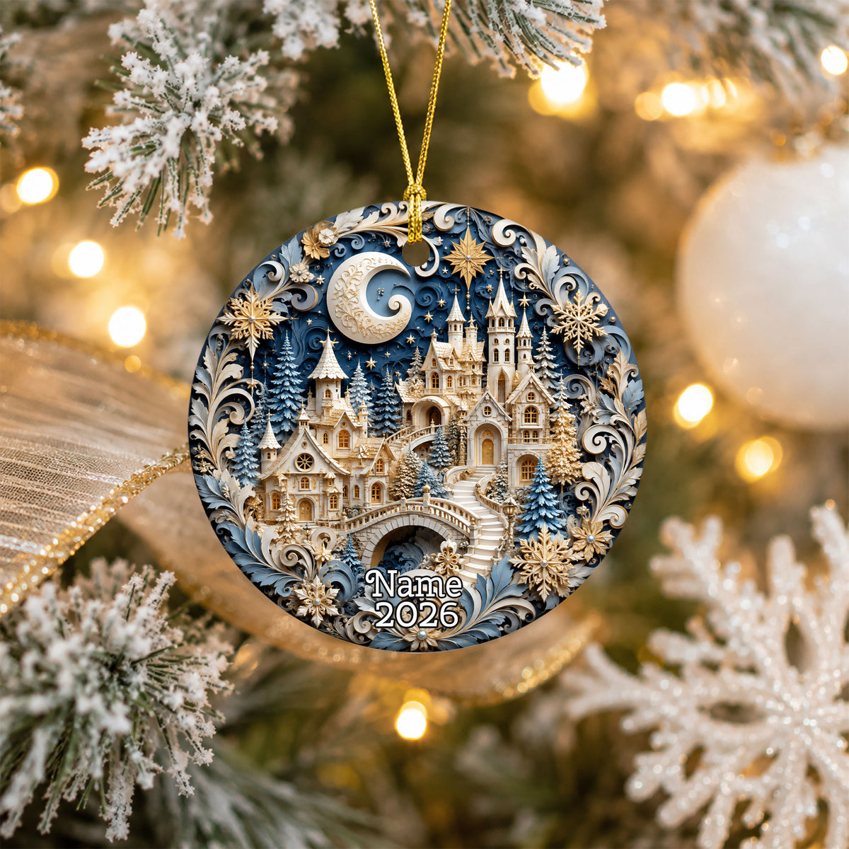 Snowy Christmas Village Ornament 2026, Blue Castle Christmas Tree Decor, Holiday Ornament Keepsake, Winter Christmas Gift for Loved Ones